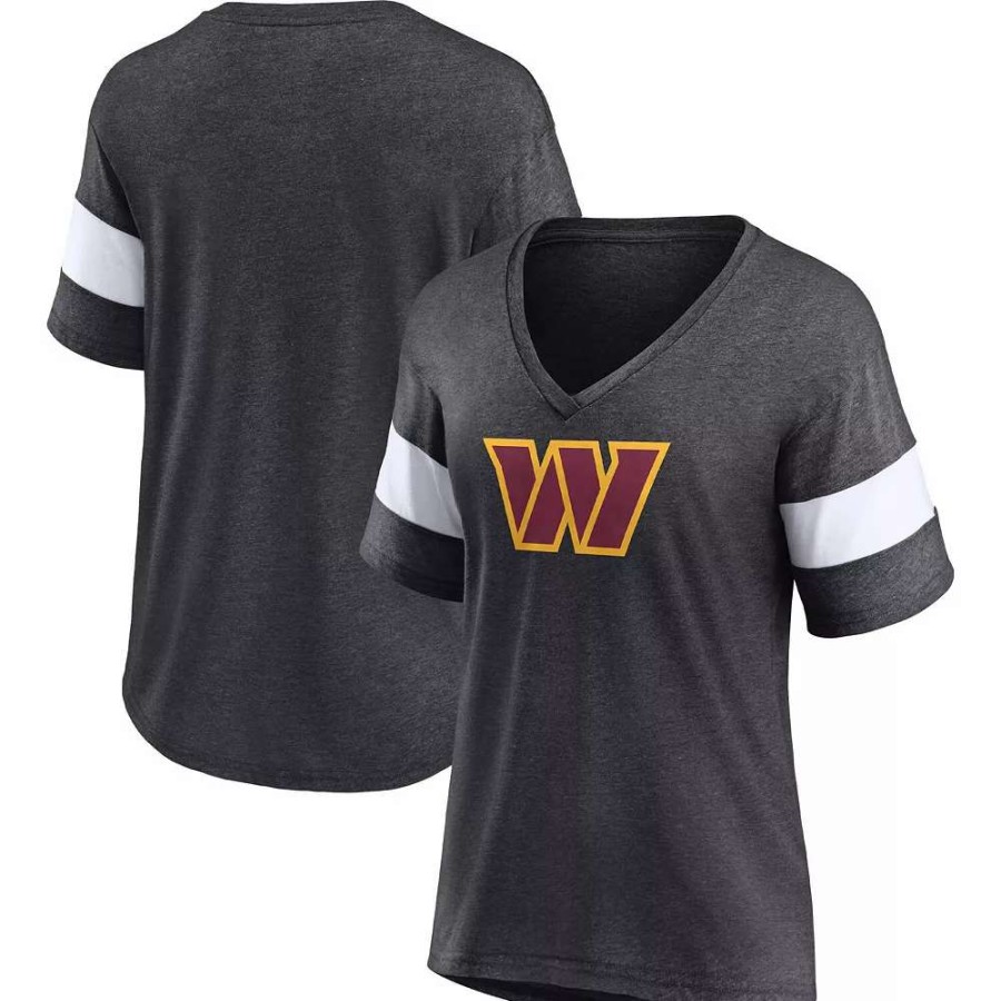 Tops * | Women'S Fanatics Branded Heathered Charcoal/White Washington Commanders Distressed Team Tri-Blend V-Neck T-Shirt