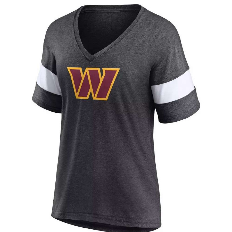 Tops * | Women'S Fanatics Branded Heathered Charcoal/White Washington Commanders Distressed Team Tri-Blend V-Neck T-Shirt