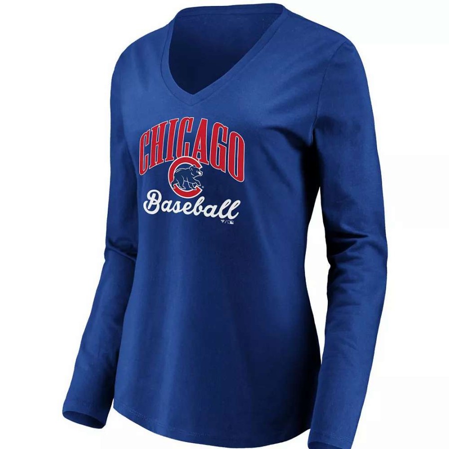 Tops * | Women'S Fanatics Branded Royal Chicago Cubs Victory Script V-Neck Long Sleeve T-Shirt