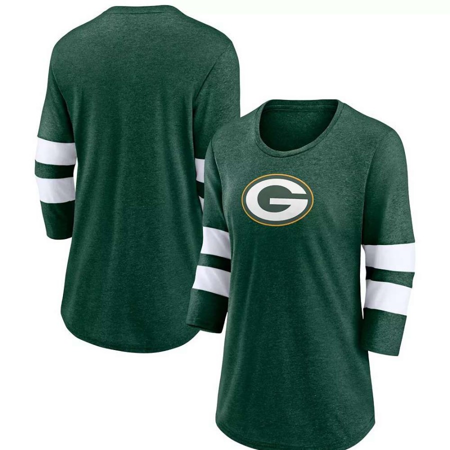 Tops * | Women'S Fanatics Branded Heathered Green Green Bay Packers Primary Logo 3/4 Sleeve Scoop Neck T-Shirt