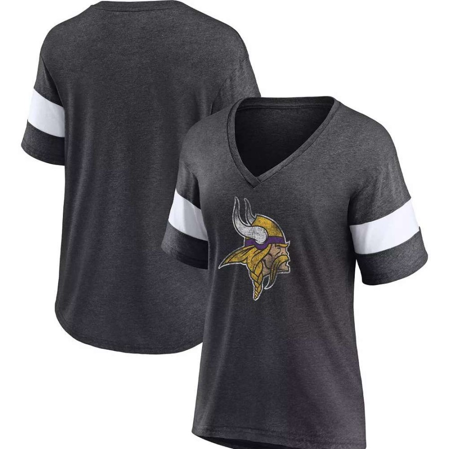 Tops * | Women'S Fanatics Branded Heathered Charcoal/White Minnesota Vikings Distressed Team Tri-Blend V-Neck T-Shirt