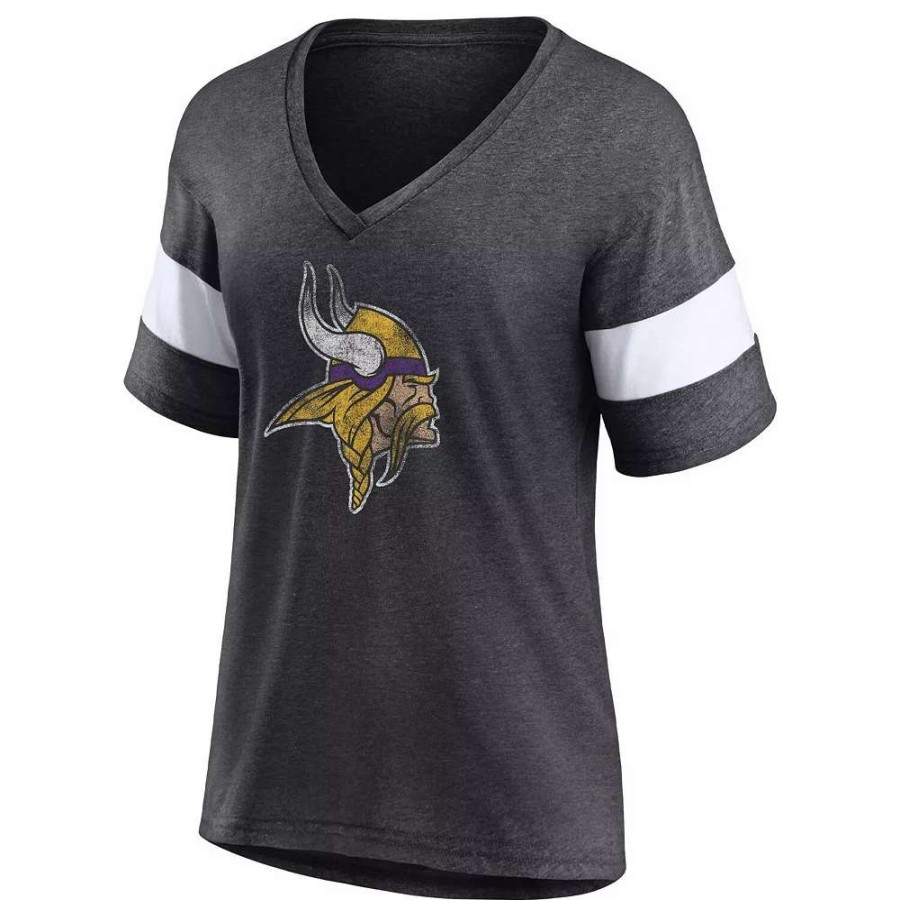 Tops * | Women'S Fanatics Branded Heathered Charcoal/White Minnesota Vikings Distressed Team Tri-Blend V-Neck T-Shirt