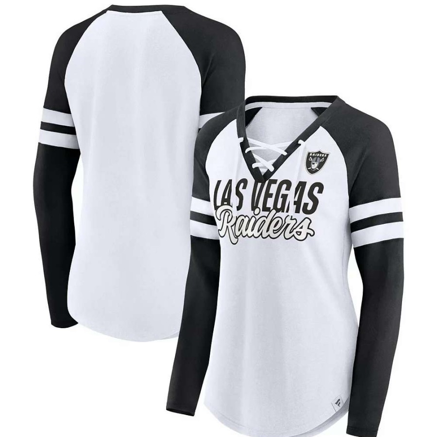 Tops * | Women'S Fanatics Branded White Las Vegas Raiders Plus Size True To Form Lace-Up V-Neck Raglan Long Sleeve T-Shirt