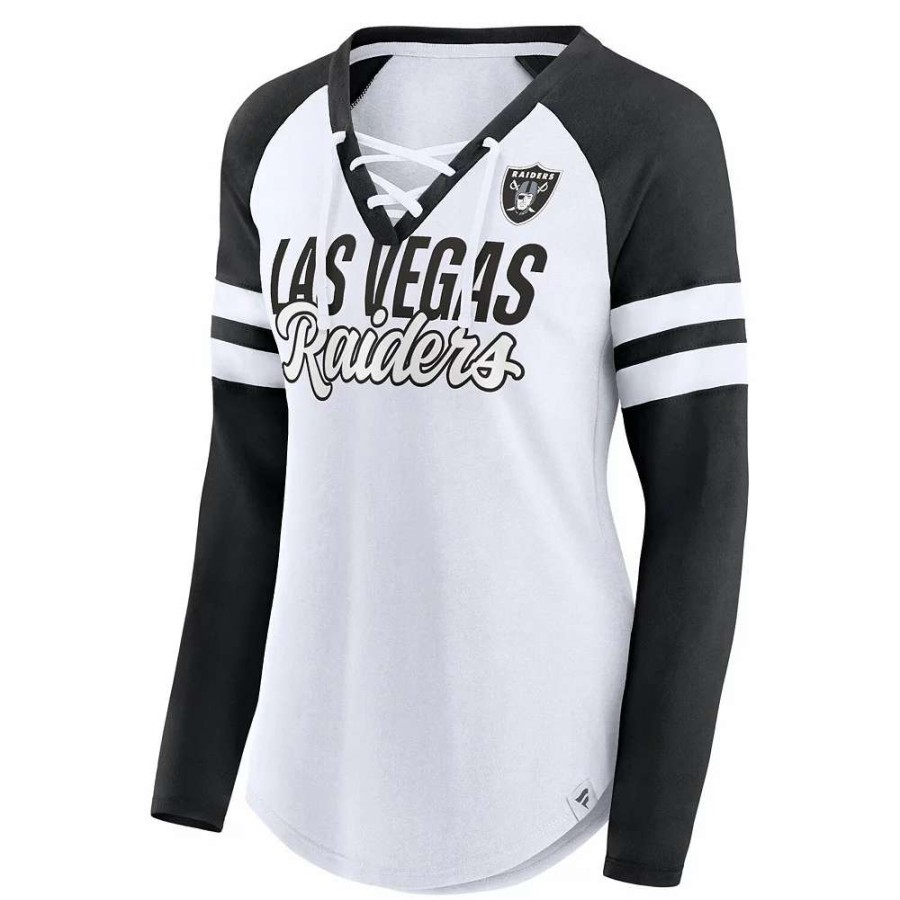 Tops * | Women'S Fanatics Branded White Las Vegas Raiders Plus Size True To Form Lace-Up V-Neck Raglan Long Sleeve T-Shirt