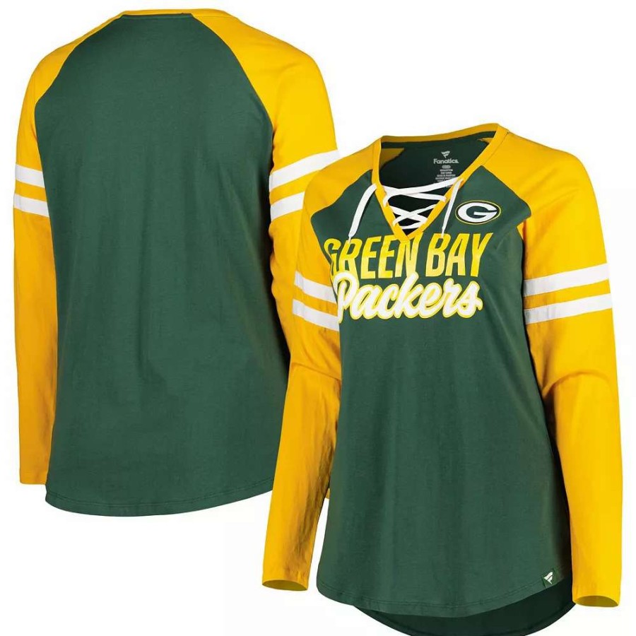 Tops * | Women'S Fanatics Branded Green/Gold Green Bay Packers Plus Size True To Form Lace-Up V-Neck Raglan Long Sleeve T-Shirt