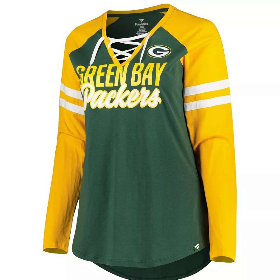 Tops * | Women'S Fanatics Branded Green/Gold Green Bay Packers Plus Size True To Form Lace-Up V-Neck Raglan Long Sleeve T-Shirt