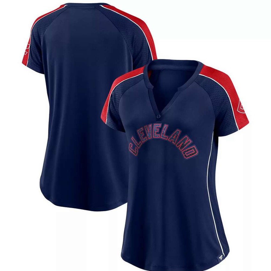 Tops * | Women'S Fanatics Branded Navy/Red Cleveland Indians True Classic League Diva Pinstripe Raglan V-Neck T-Shirt