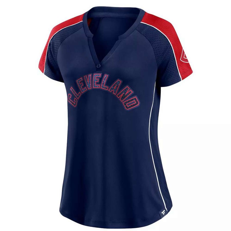 Tops * | Women'S Fanatics Branded Navy/Red Cleveland Indians True Classic League Diva Pinstripe Raglan V-Neck T-Shirt