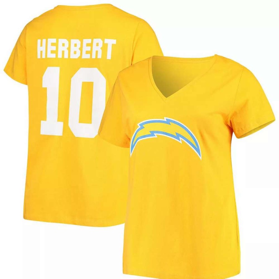 Tops * | Women'S Fanatics Branded Justin Herbert Gold Los Angeles Chargers Plus Size Name & Number V-Neck T-Shirt