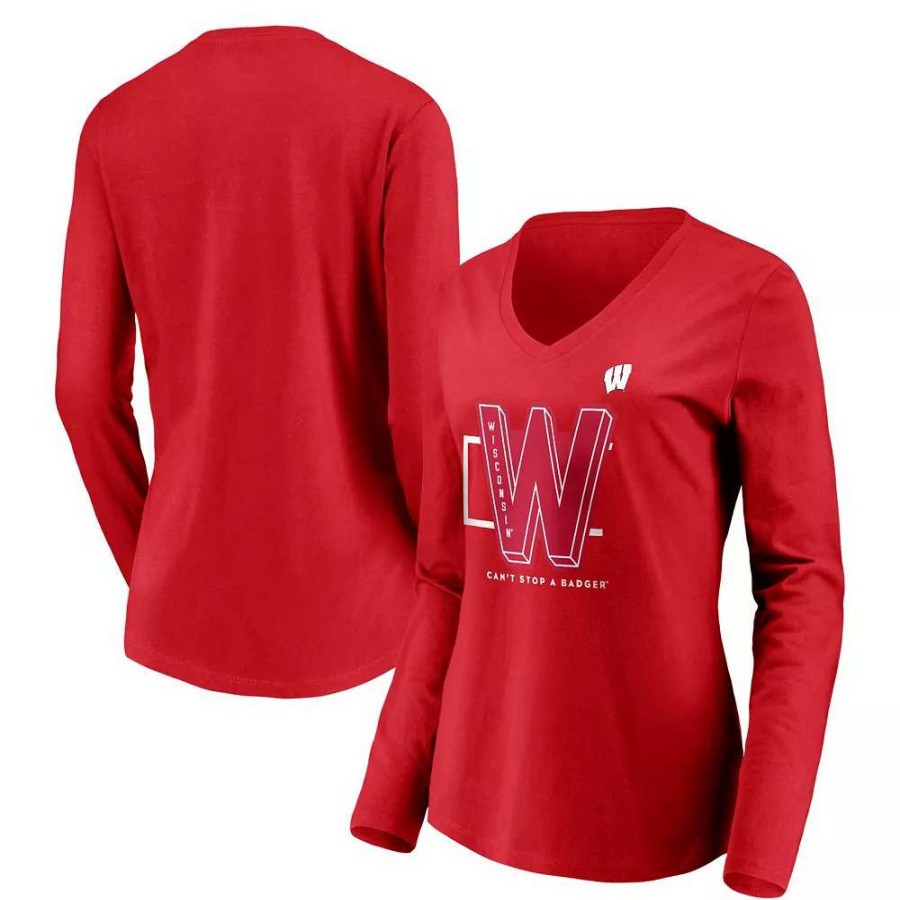 Tops * | Women'S Fanatics Branded Red Wisconsin Badgers Can'T Stop A Badger V-Neck Long Sleeve T-Shirt