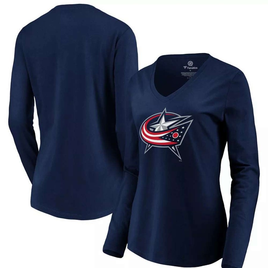 Tops * | Women'S Fanatics Branded Navy Columbus Blue Jackets Primary Logo Long Sleeve V-Neck T-Shirt