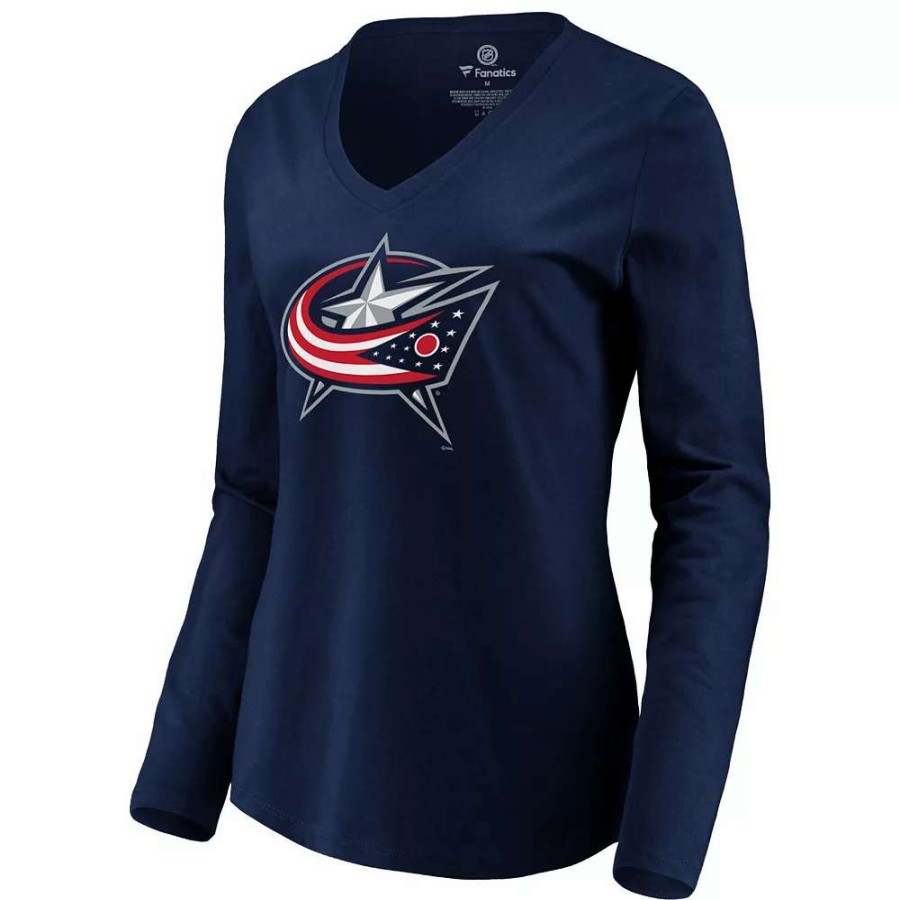 Tops * | Women'S Fanatics Branded Navy Columbus Blue Jackets Primary Logo Long Sleeve V-Neck T-Shirt