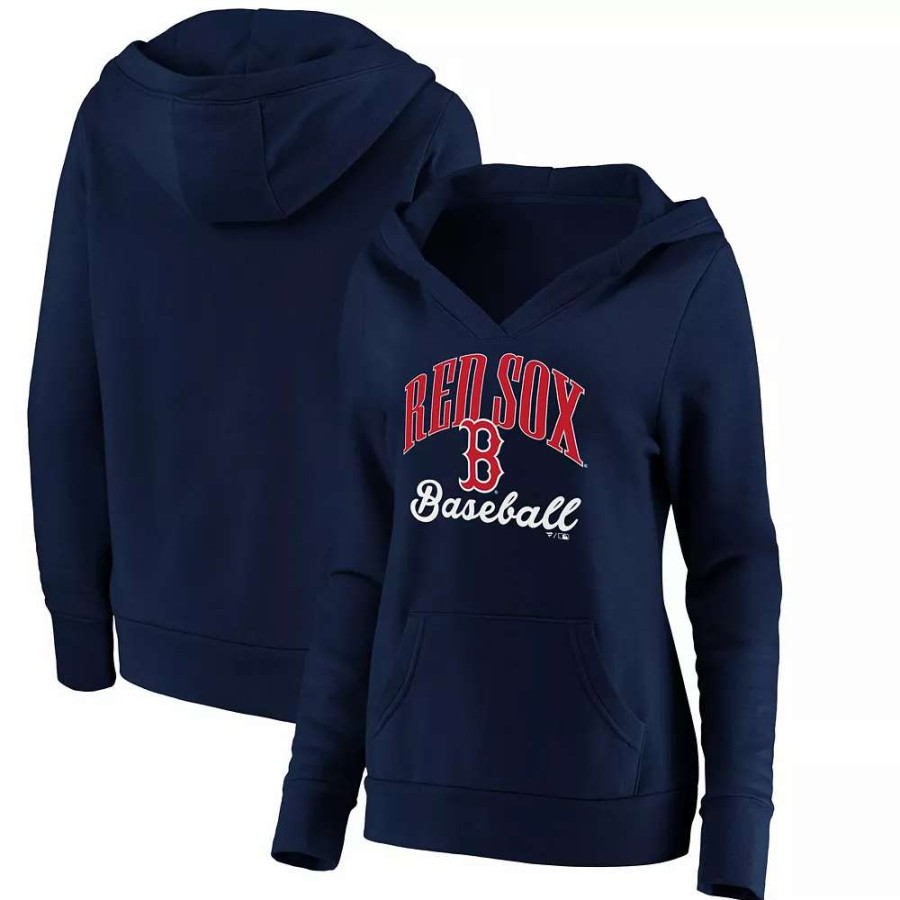 Tops * | Women'S Fanatics Branded Navy Boston Red Sox Victory Script Crossover Neck Pullover Hoodie