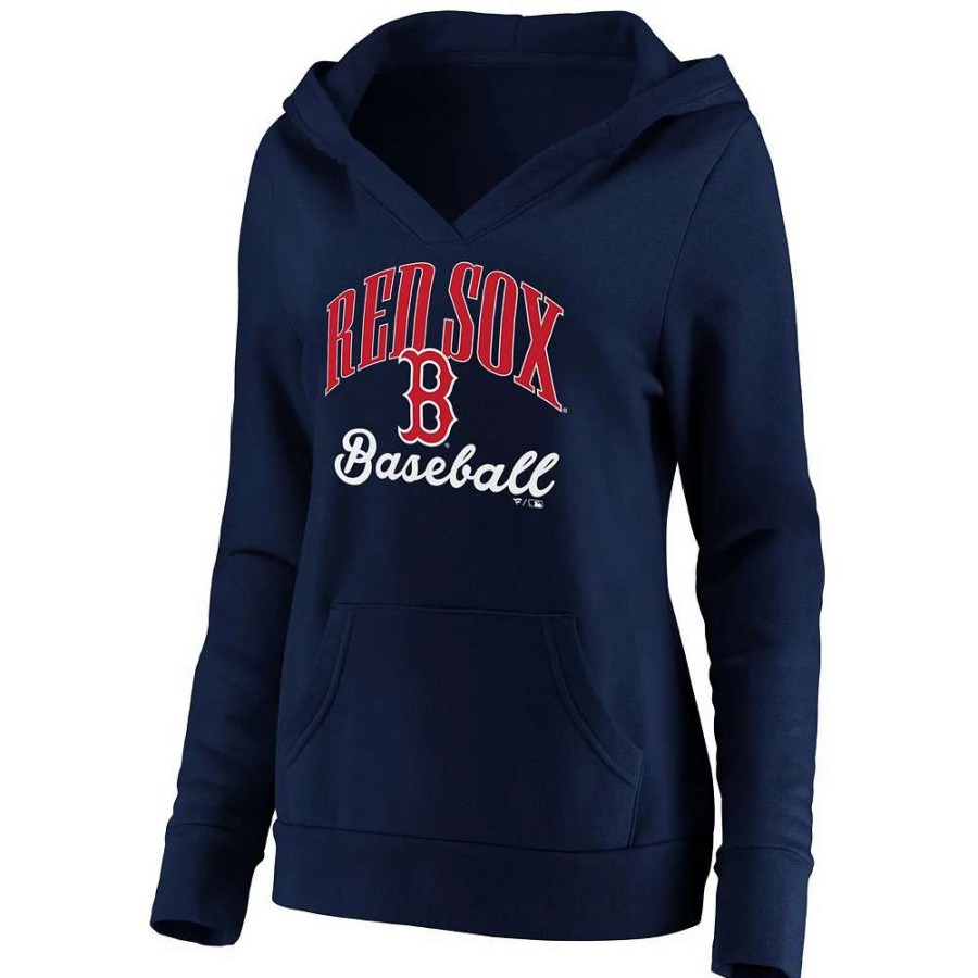 Tops * | Women'S Fanatics Branded Navy Boston Red Sox Victory Script Crossover Neck Pullover Hoodie