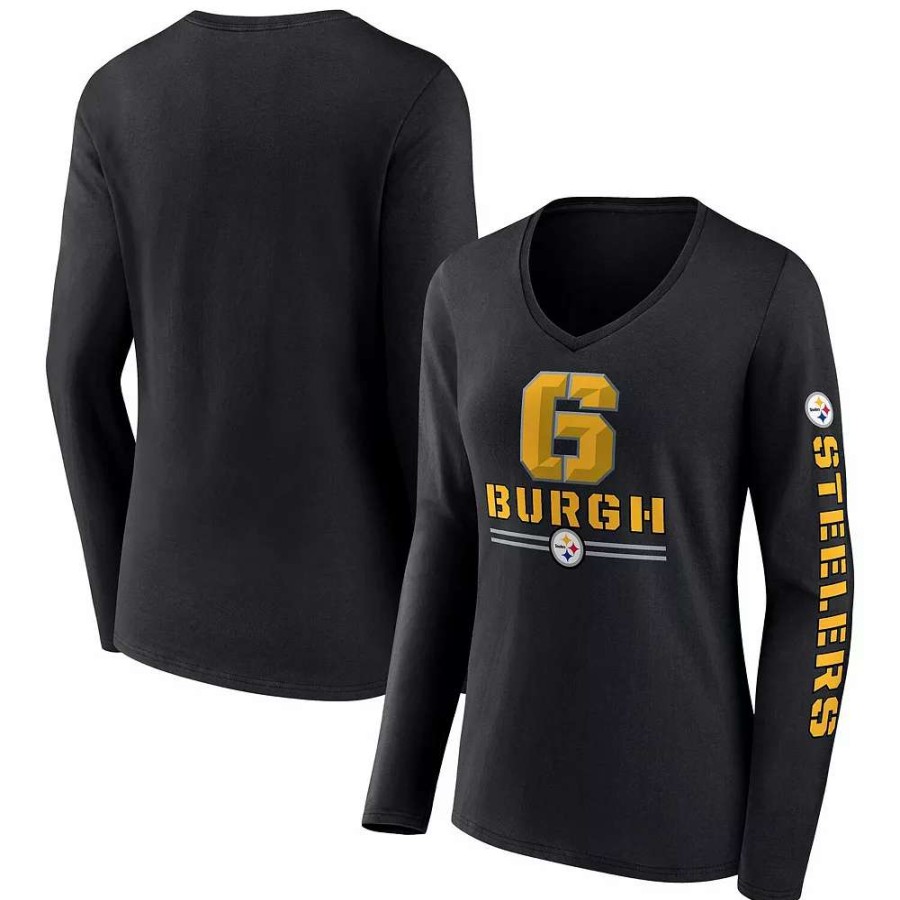 Tops * | Women'S Fanatics Branded Black Pittsburgh Steelers Hometown Sweep Long Sleeve V-Neck T-Shirt