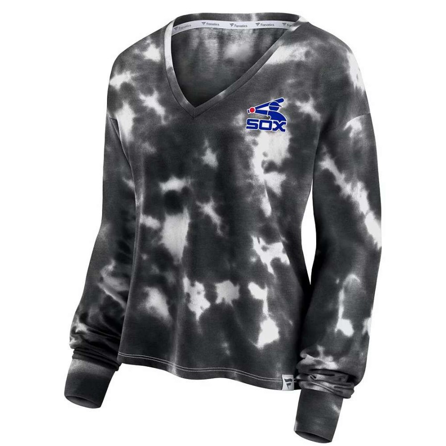 Tops * | Women'S Fanatics Branded White/Black Chicago White Sox Tie-Dye V-Neck Pullover Cropped Tee