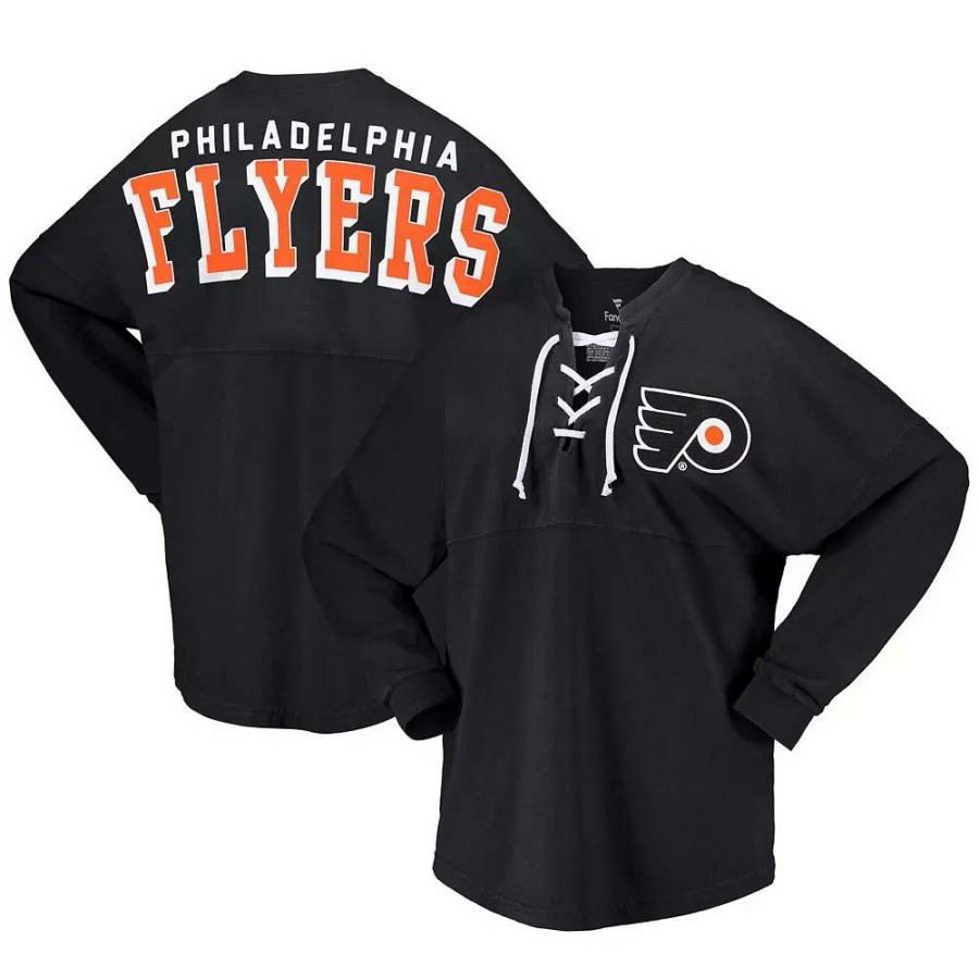 Tops * | Women'S Fanatics Branded Black Philadelphia Flyers Spirit Lace-Up V-Neck Long Sleeve Jersey T-Shirt