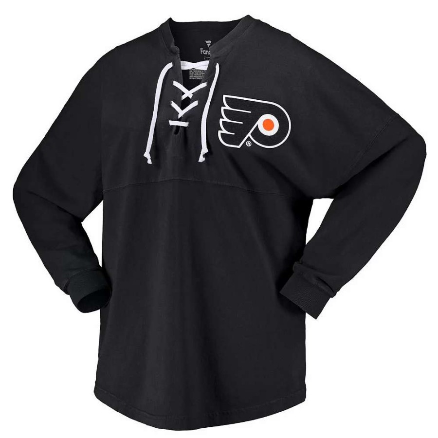 Tops * | Women'S Fanatics Branded Black Philadelphia Flyers Spirit Lace-Up V-Neck Long Sleeve Jersey T-Shirt