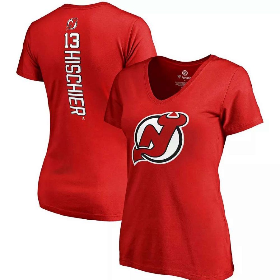 Tops * | Women'S Fanatics Branded Nico Hischier Red New Jersey Devils Plus Size Backer Name & Number V-Neck T-Shirt