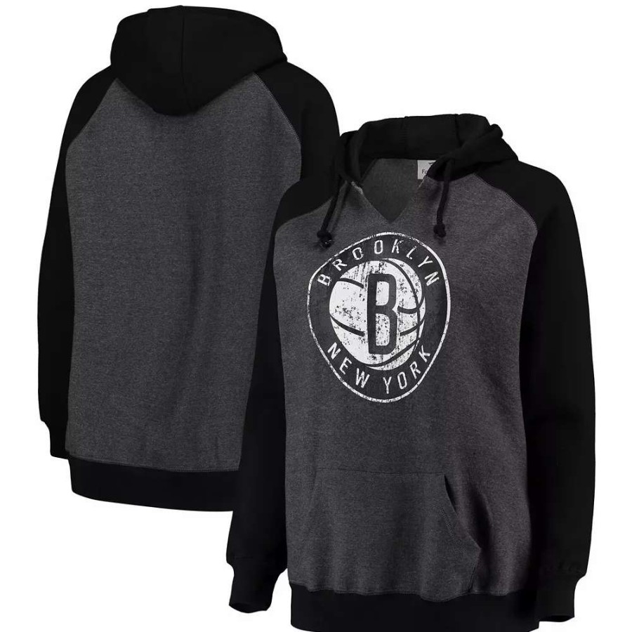 Tops * | Women'S Fanatics Branded Heathered Charcoal/Black Brooklyn Nets Plus Size Raglan Notch Neck Pullover Hoodie