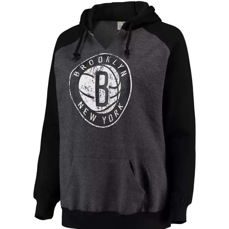 Tops * | Women'S Fanatics Branded Heathered Charcoal/Black Brooklyn Nets Plus Size Raglan Notch Neck Pullover Hoodie