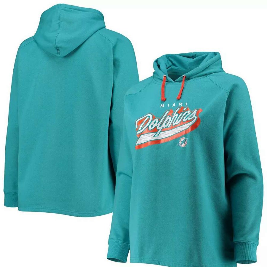 Tops * | Women'S Fanatics Branded Aqua Miami Dolphins Plus Size First Contact Raglan Pullover Hoodie