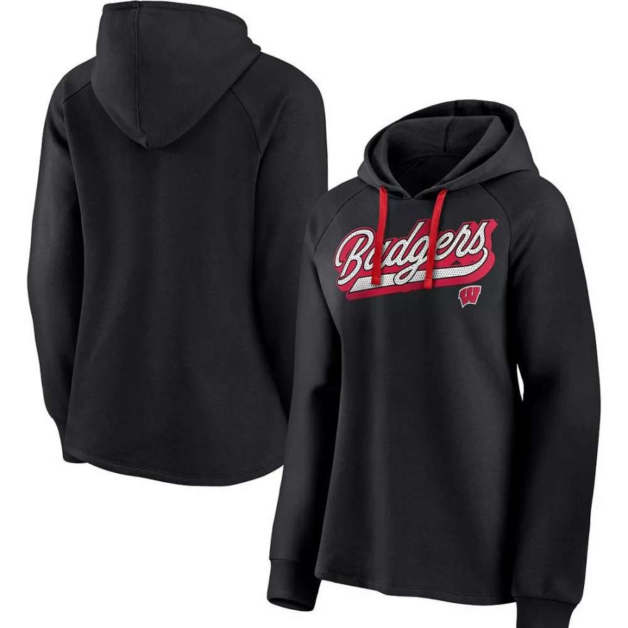 Tops * | Women'S Fanatics Branded Black Wisconsin Badgers Script Raglan Pullover Hoodie