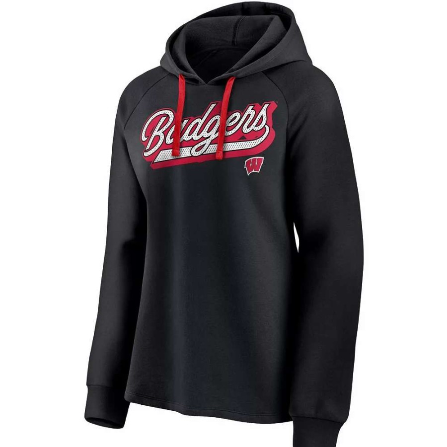 Tops * | Women'S Fanatics Branded Black Wisconsin Badgers Script Raglan Pullover Hoodie