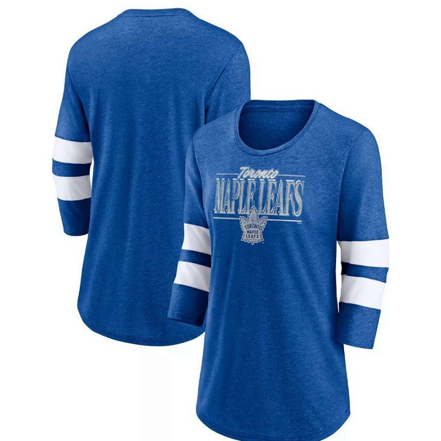 Tops * | Women'S Fanatics Branded Heathered Royal/White Toronto Maple Leafs Full Shield 3/4-Sleeve Tri-Blend Raglan Scoop Neck T-Shirt