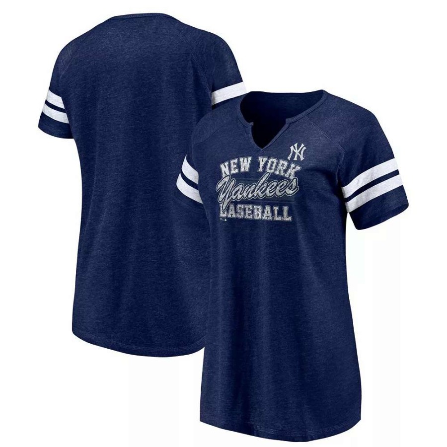 Tops * | Women'S Fanatics Branded Heather Navy New York Yankees Quick Out Tri-Blend Raglan Notch Neck T-Shirt