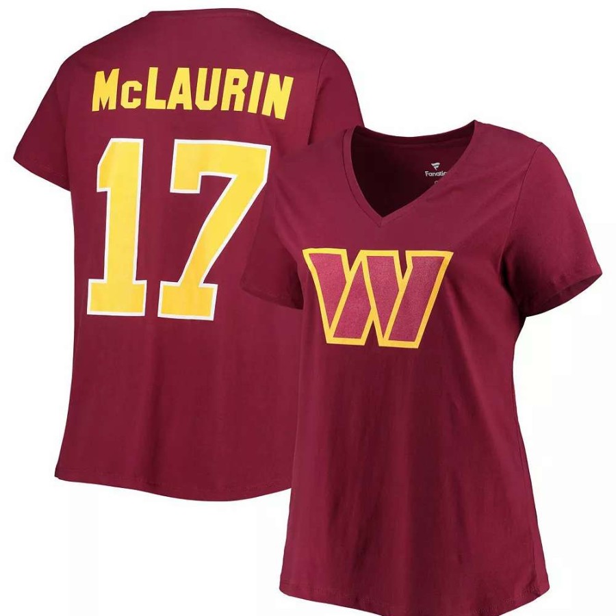 Tops * | Women'S Fanatics Branded Terry Mclaurin Burgundy Washington Commanders Plus Size Player Name & Number V-Neck T-Shirt