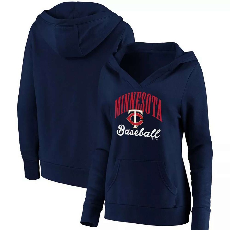 Tops * | Women'S Fanatics Branded Navy Minnesota Twins Victory Script Crossover Neck Pullover Hoodie