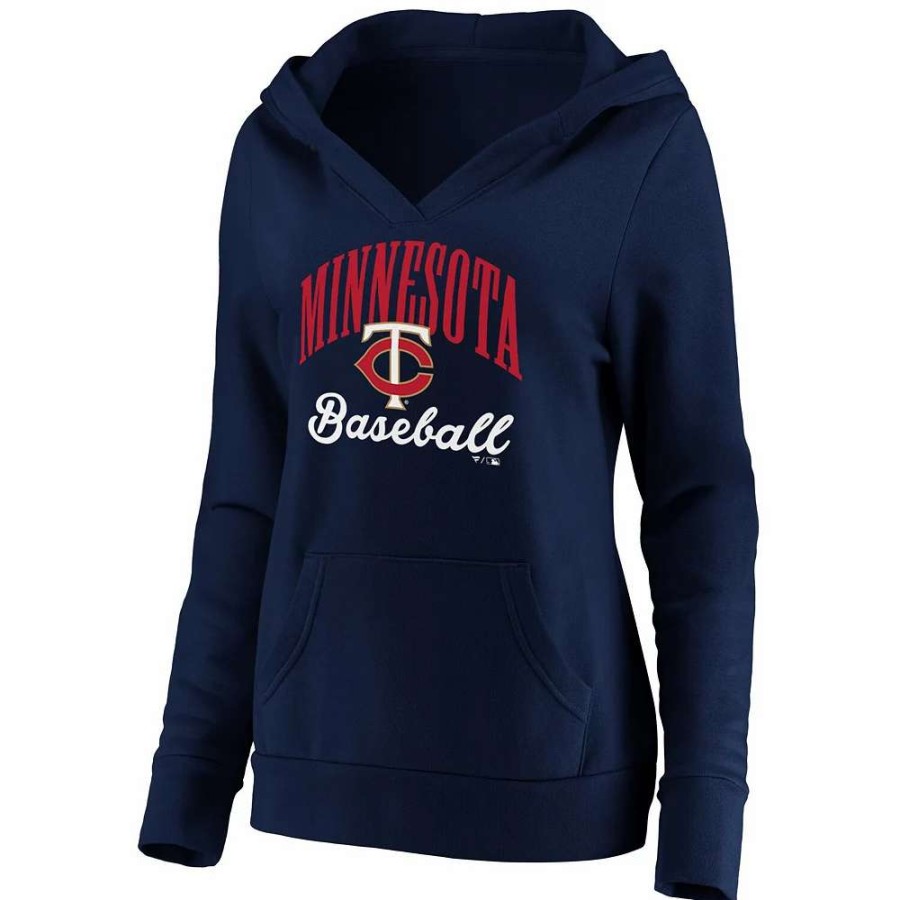 Tops * | Women'S Fanatics Branded Navy Minnesota Twins Victory Script Crossover Neck Pullover Hoodie