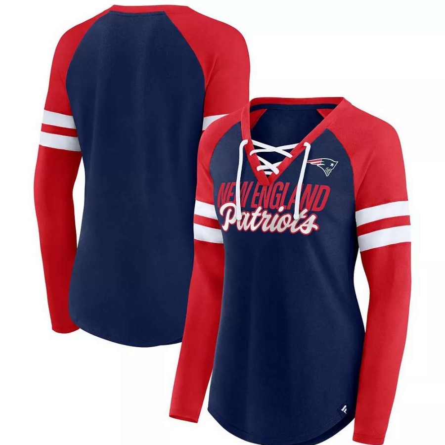 Tops * | Women'S Fanatics Branded Navy/Red New England Patriots Plus Size True To Form Lace-Up V-Neck Raglan Long Sleeve T-Shirt