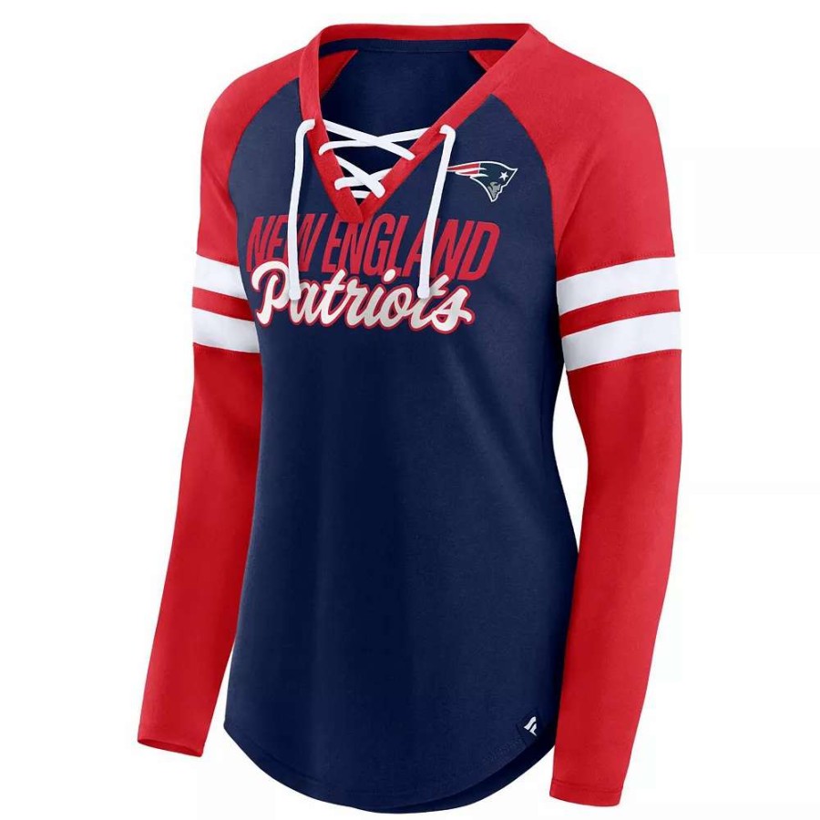 Tops * | Women'S Fanatics Branded Navy/Red New England Patriots Plus Size True To Form Lace-Up V-Neck Raglan Long Sleeve T-Shirt