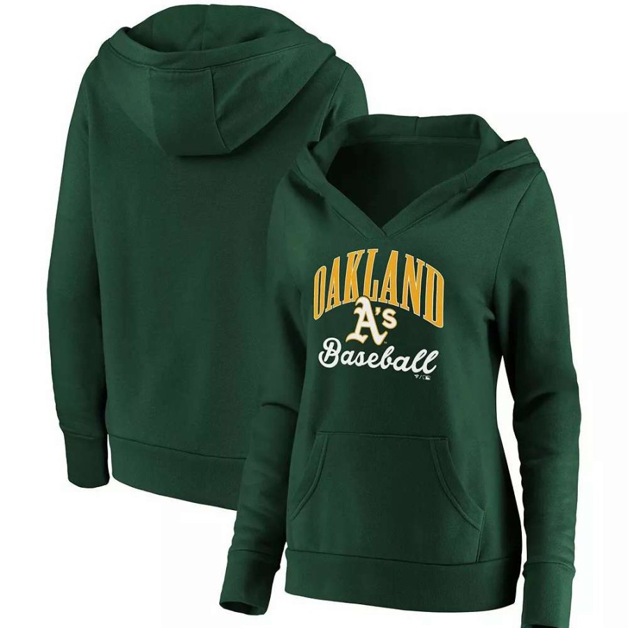 Tops * | Women'S Fanatics Branded Green Oakland Athletics Victory Script Crossover Neck Pullover Hoodie