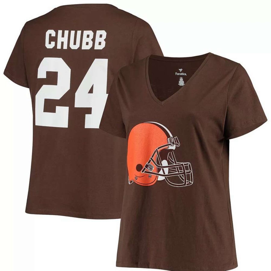 Tops * | Women'S Fanatics Branded Nick Chubb Brown Cleveland Browns Plus Size Name & Number V-Neck T-Shirt