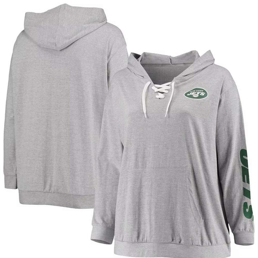 Tops * | Women'S Fanatics Branded Heathered Gray New York Jets Plus Size Lace-Up Pullover Hoodie