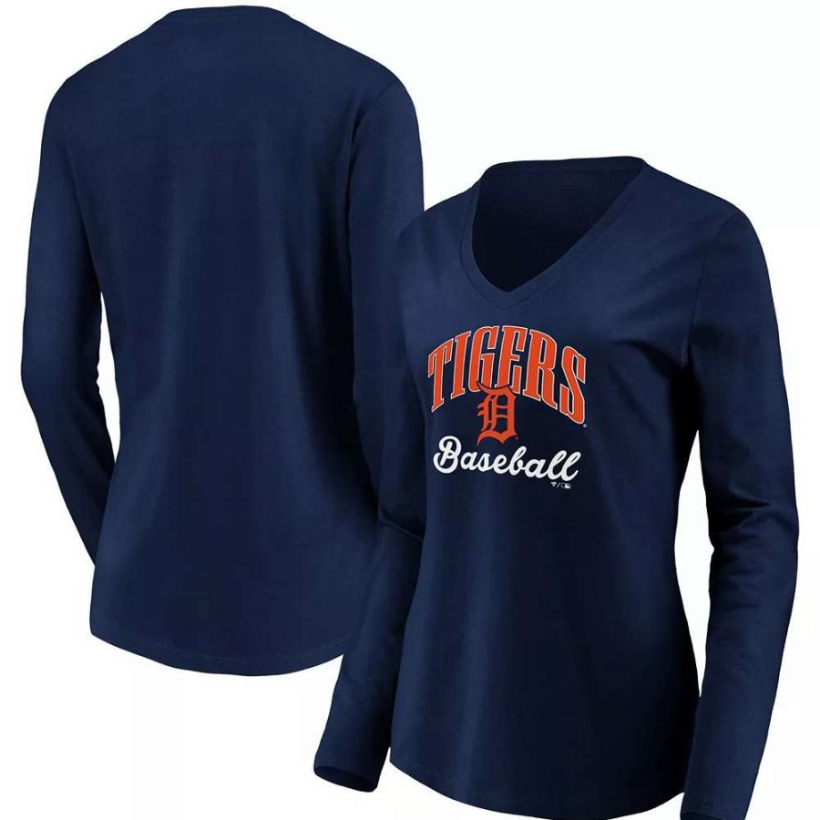 Tops * | Women'S Fanatics Branded Navy Detroit Tigers Victory Script V-Neck Long Sleeve T-Shirt