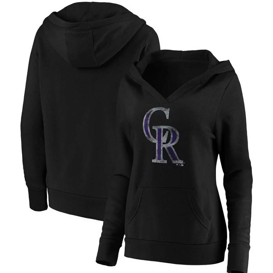 Tops * | Women'S Fanatics Branded Black Colorado Rockies Core Team Crossover V-Neck Pullover Hoodie