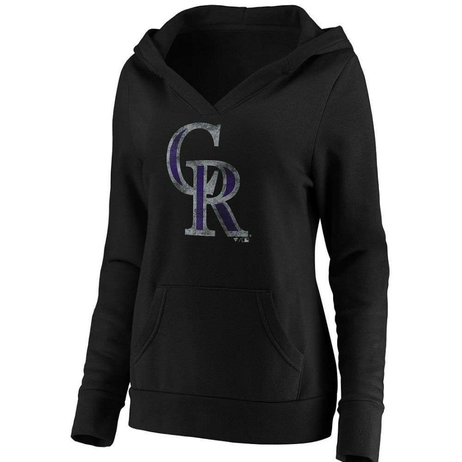 Tops * | Women'S Fanatics Branded Black Colorado Rockies Core Team Crossover V-Neck Pullover Hoodie