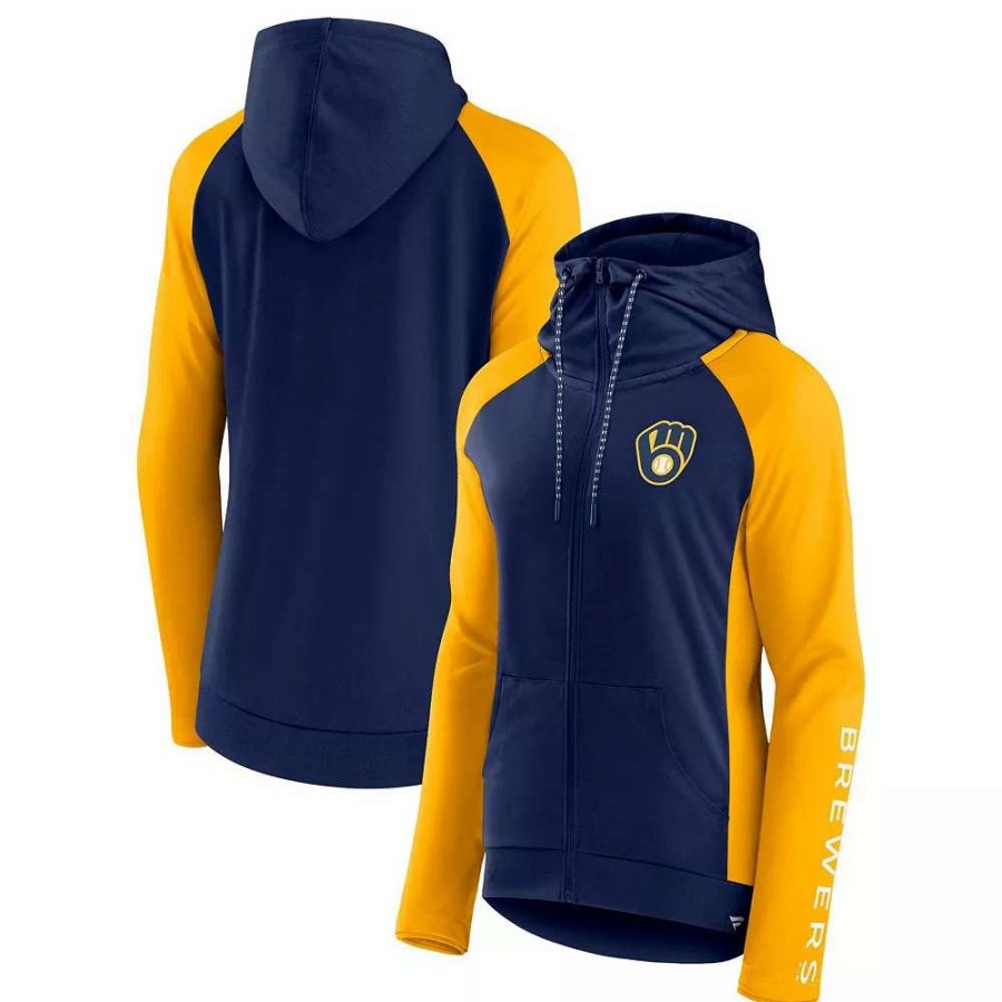 Tops * | Women'S Fanatics Branded Navy/Gold Milwaukee Brewers Iconic Raglan Full-Zip Hoodie