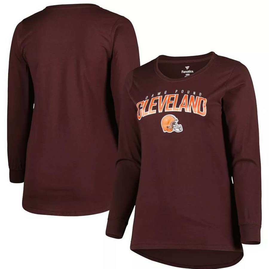 Tops * | Women'S Fanatics Branded Brown Cleveland Browns Plus Size Measure Distance Scoop Neck Long Sleeve T-Shirt