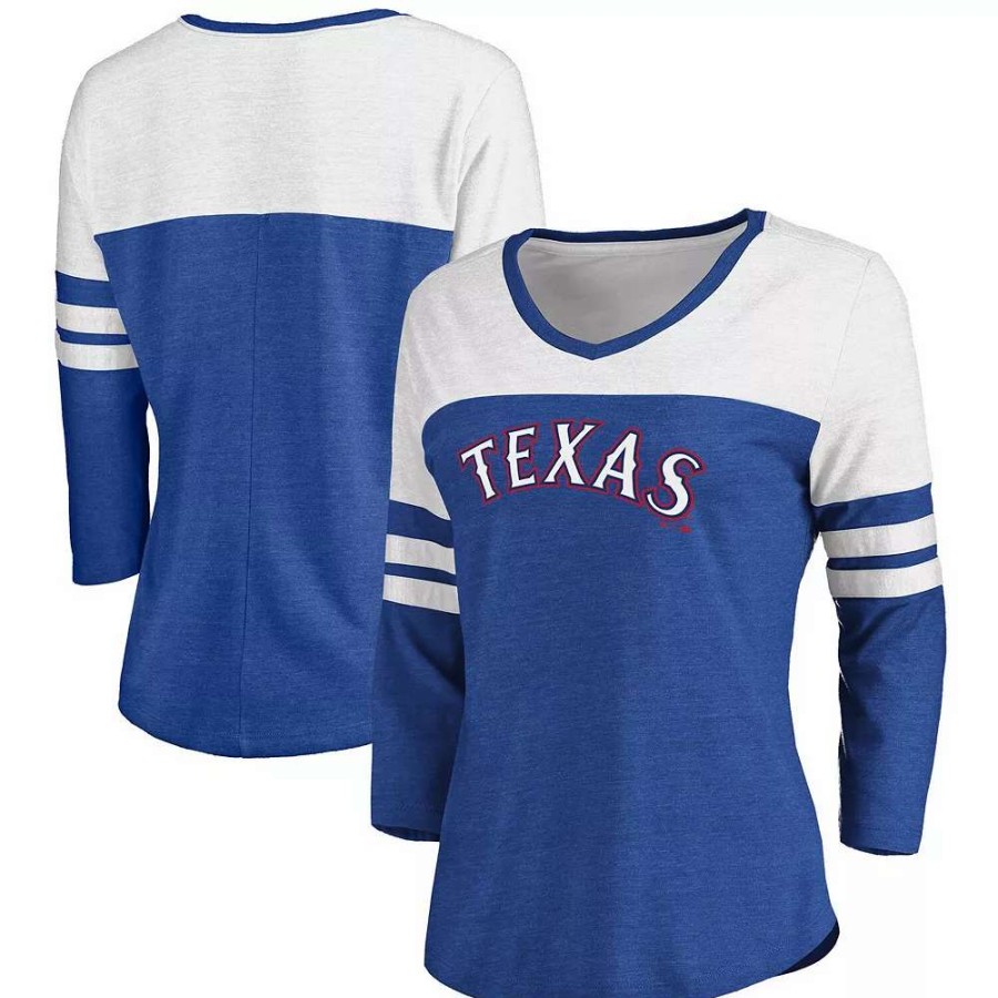 Tops * | Women'S Fanatics Branded Heathered Royal/White Texas Rangers Official Wordmark 3/4 Sleeve V-Neck T-Shirt