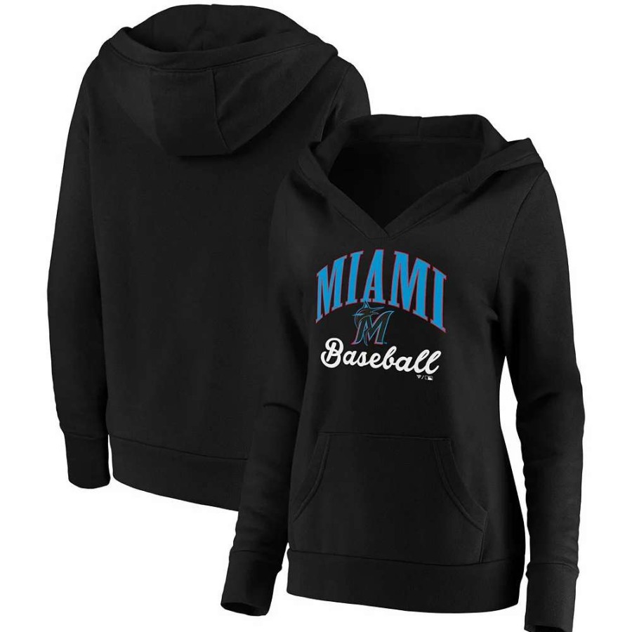 Tops * | Women'S Fanatics Branded Black Miami Marlins Victory Script Crossover Neck Pullover Hoodie