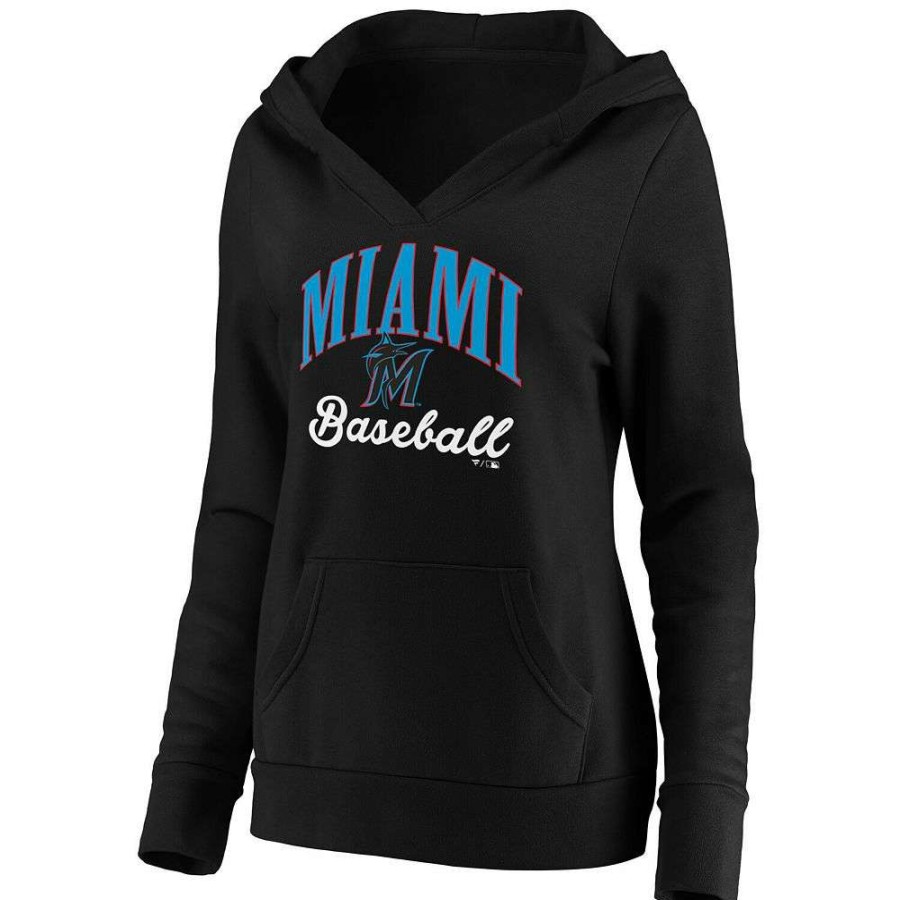 Tops * | Women'S Fanatics Branded Black Miami Marlins Victory Script Crossover Neck Pullover Hoodie