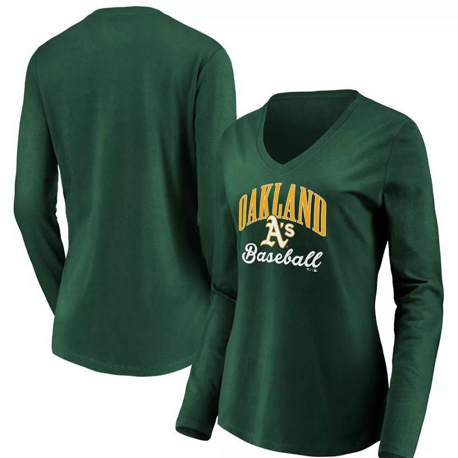 Tops * | Women'S Fanatics Branded Green Oakland Athletics Victory Script V-Neck Long Sleeve T-Shirt