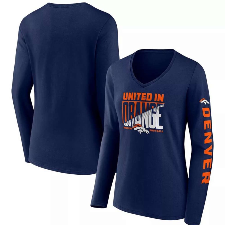 Tops * | Women'S Fanatics Branded Navy Denver Broncos Hometown Sweep Long Sleeve V-Neck T-Shirt