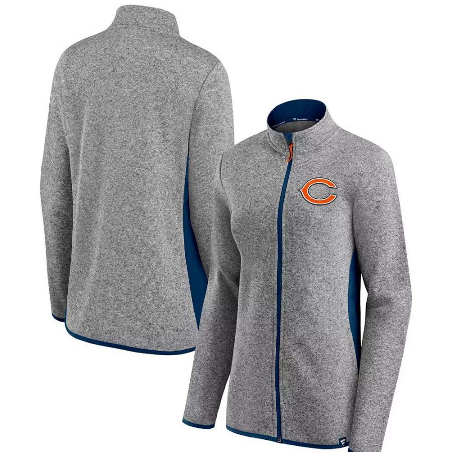 Outerwear * | Women'S Fanatics Branded Heathered Gray/Navy Chicago Bears Block Party Primary Logo Full-Zip Jacket