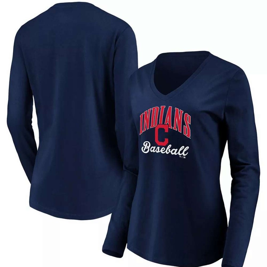 Tops * | Women'S Fanatics Branded Navy Cleveland Indians Victory Script V-Neck Long Sleeve T-Shirt